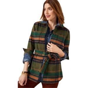 Talbots Plaid Belted Shirt Jacket Wool Blend Woven Flannel Shacket